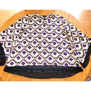 Alfani Bell Long Sleeves Diamond Print Top Blouse L Chiffon Hem Purple Black